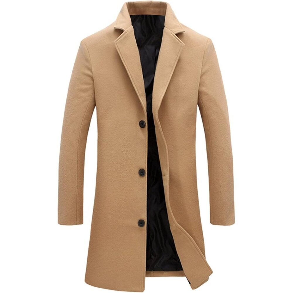 Men's Khaki Wool Blend Pea Coat Notched Collar Breasted Winter Trench Coat